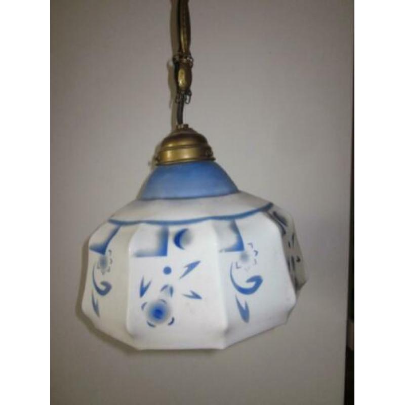 Antieke hanglamp glas wit blauw Art Deco Jugendstil 1930
