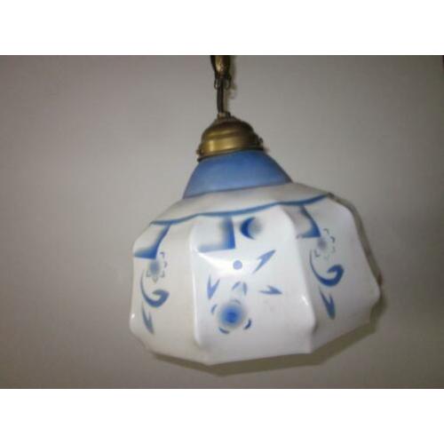 Antieke hanglamp glas wit blauw Art Deco Jugendstil 1930