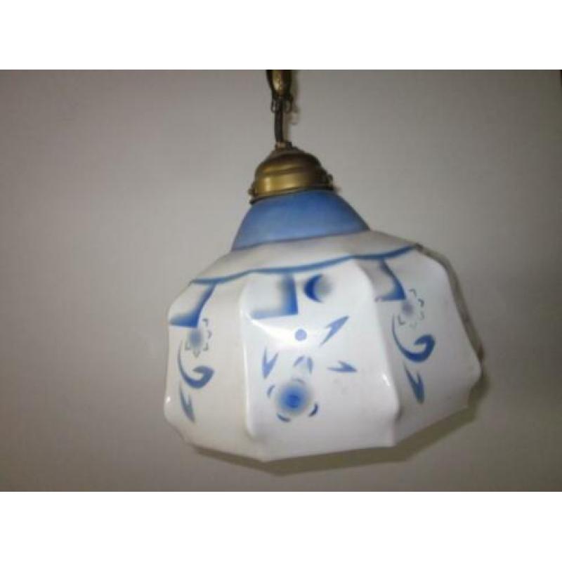 Antieke hanglamp glas wit blauw Art Deco Jugendstil 1930