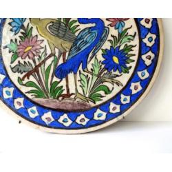 Keramiek tegel rond beige blauw vogels bloemen Perzië 4134-t