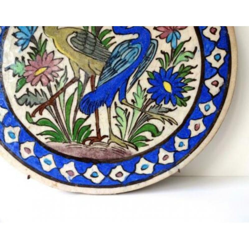 Keramiek tegel rond beige blauw vogels bloemen Perzië 4134-t