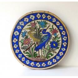 Keramiek tegel rond beige blauw vogels bloemen Perzië 4134-t