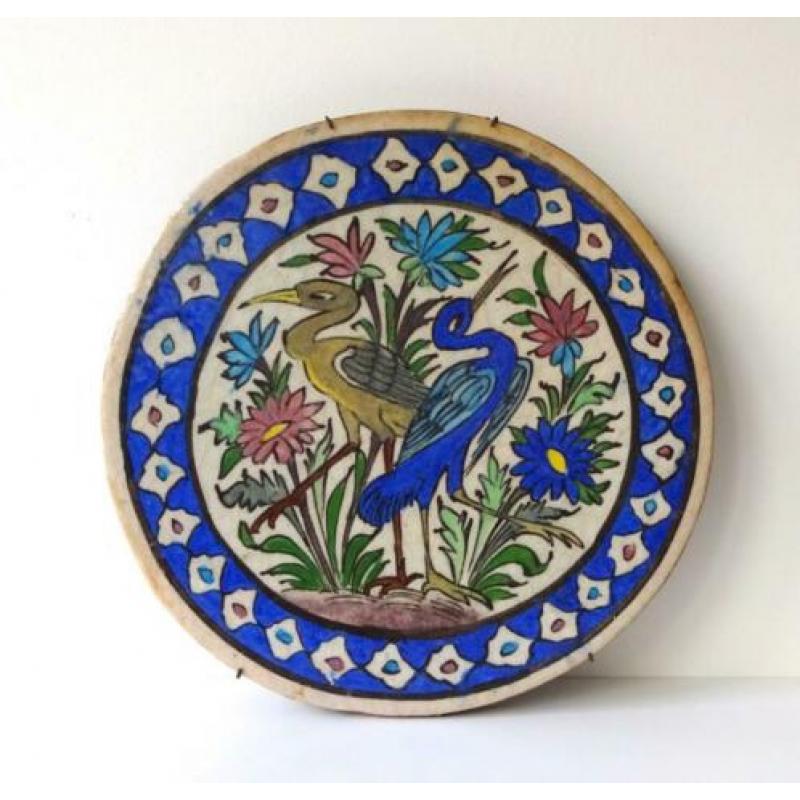 Keramiek tegel rond beige blauw vogels bloemen Perzië 4134-t