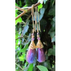 Oorbellen "Golden Purple Oil"glasdruppel-swarovski-glas goud