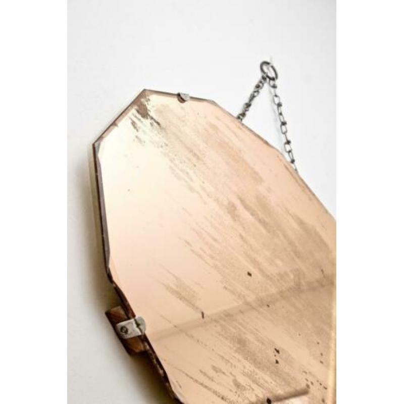 Antieke art deco metalochroom ovale spiegel facet geslepen