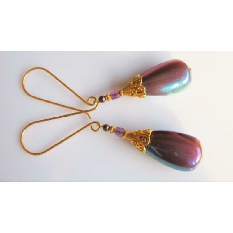Oorbellen "Golden Purple Oil"glasdruppel-swarovski-glas goud