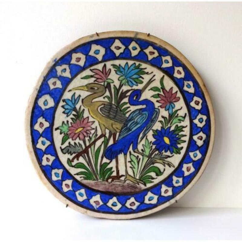 Keramiek tegel rond beige blauw vogels bloemen Perzië 4134-t