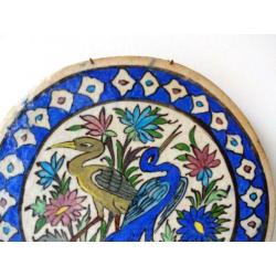Keramiek tegel rond beige blauw vogels bloemen Perzië 4134-t