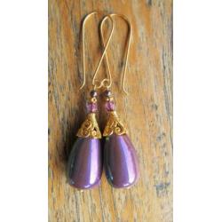 Oorbellen "Golden Purple Oil"glasdruppel-swarovski-glas goud