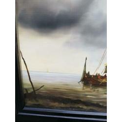 Vissersboten op zee. Olie/paneel. Ca 1930/1950.