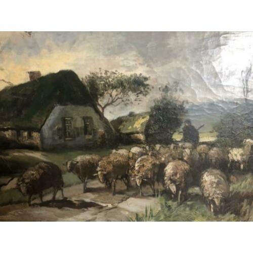 J.h. Webhoff?? Prachtig groot schilderij boer herder met sch