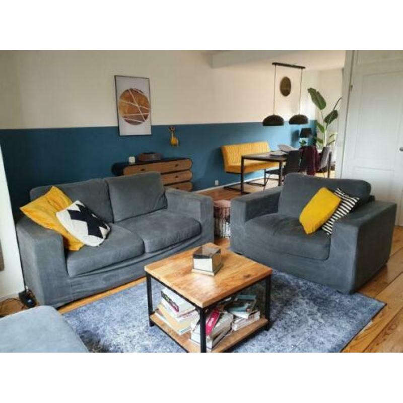 Grijze bank en loveseat (ook los van elkaar te koop)