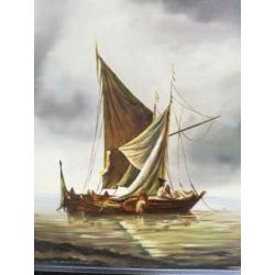 Vissersboten op zee. Olie/paneel. Ca 1930/1950.