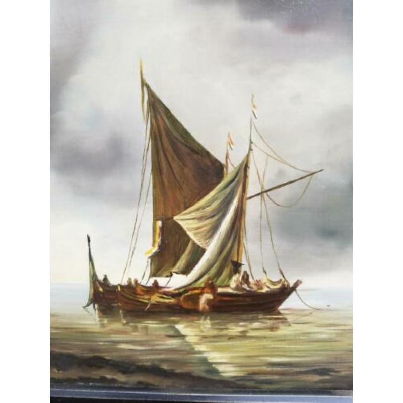 Vissersboten op zee. Olie/paneel. Ca 1930/1950.