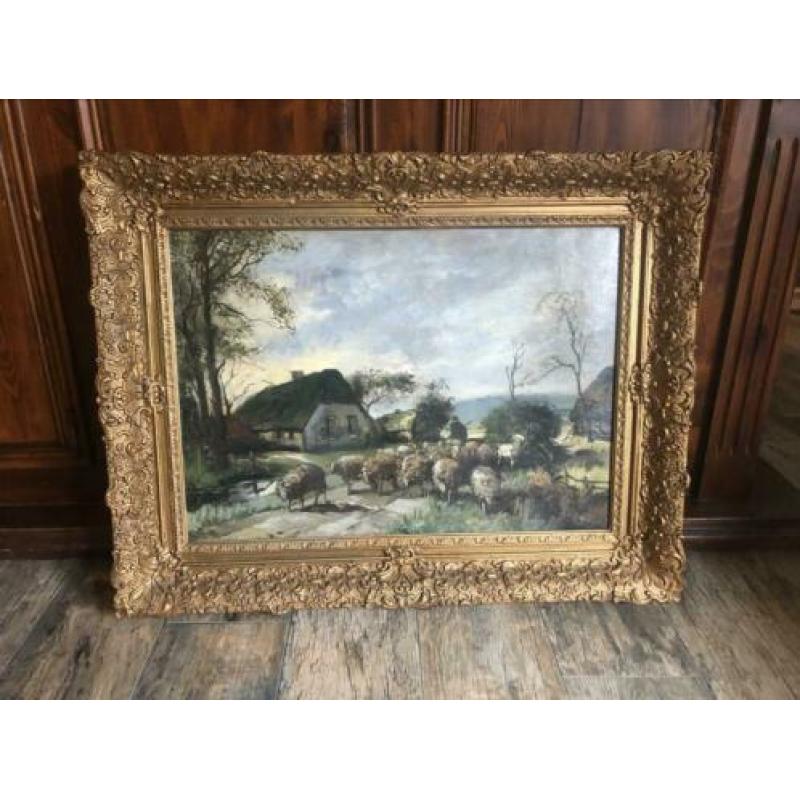 J.h. Webhoff?? Prachtig groot schilderij boer herder met sch