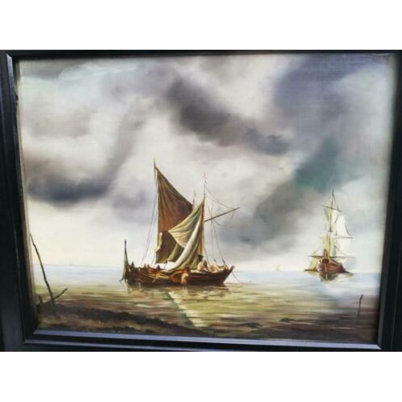 Vissersboten op zee. Olie/paneel. Ca 1930/1950.