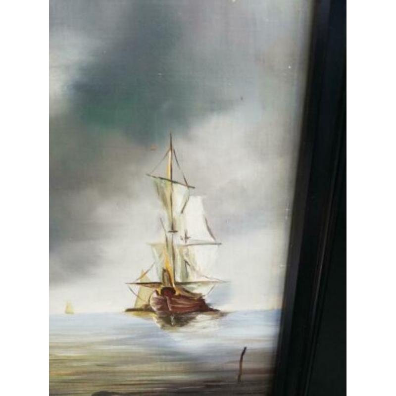 Vissersboten op zee. Olie/paneel. Ca 1930/1950.