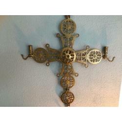 Byzantijns koperen kruis hangornament 2 kaarshouders 70 cm