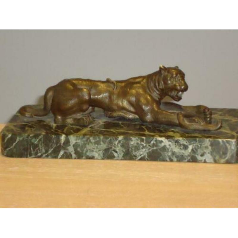 antiek bronzen beeld tijger & vergulde slang brons & marmer