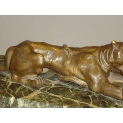 antiek bronzen beeld tijger & vergulde slang brons & marmer