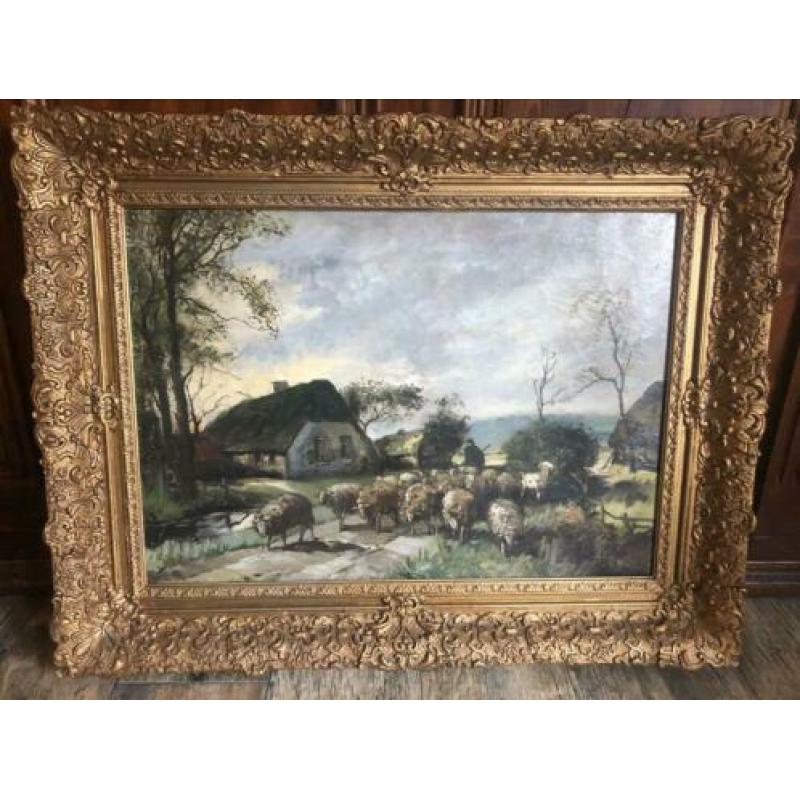 J.h. Webhoff?? Prachtig groot schilderij boer herder met sch