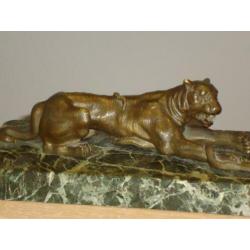 antiek bronzen beeld tijger & vergulde slang brons & marmer