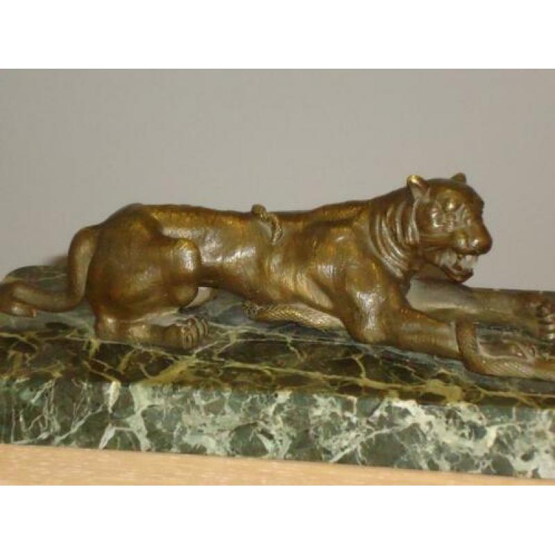 antiek bronzen beeld tijger & vergulde slang brons & marmer