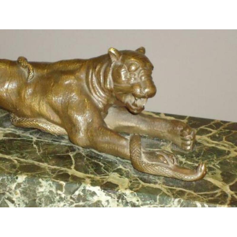 antiek bronzen beeld tijger & vergulde slang brons & marmer