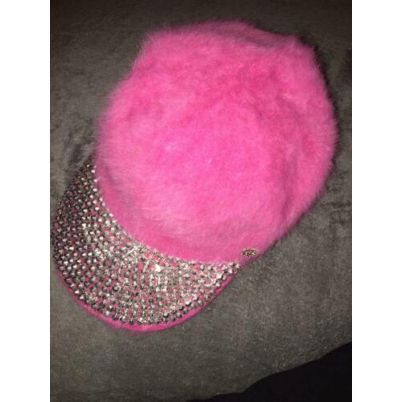 Pet/cap roze pluche met glitter/ studs
