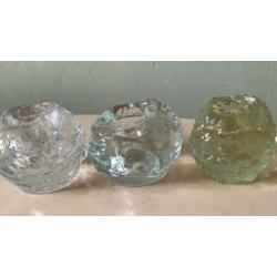 3x snowball, (2x Kosta Boda), glas, waxinelichthouder