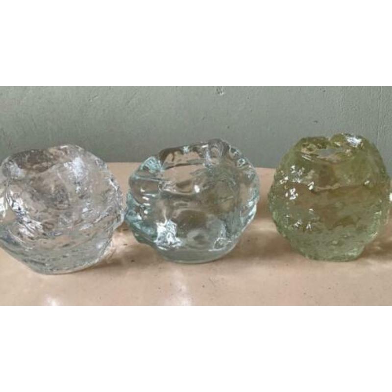 3x snowball, (2x Kosta Boda), glas, waxinelichthouder