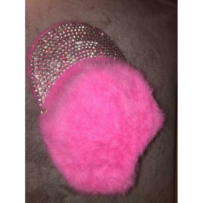Pet/cap roze pluche met glitter/ studs