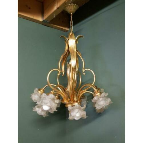 Vintage Goudkleurige Florale Kroonluchter. €175,-.