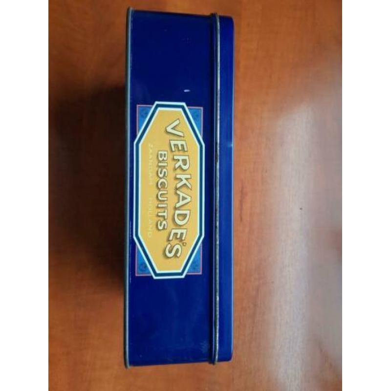 Vintage blauwe koektrommel Verkade biscuits: