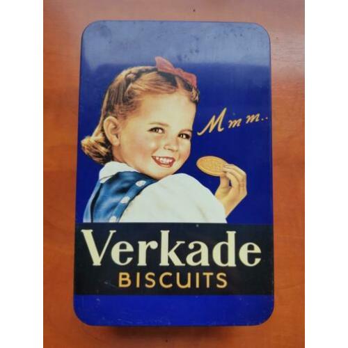 Vintage blauwe koektrommel Verkade biscuits: