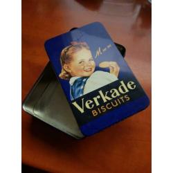 Vintage blauwe koektrommel Verkade biscuits: