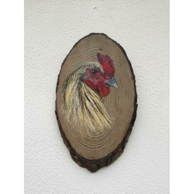 Handgeschilderd schilderij Kip/ Haan op boomschijf