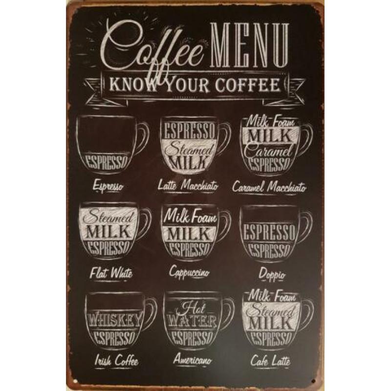 Coffee menu reclamebord wandbord van metaal koffie