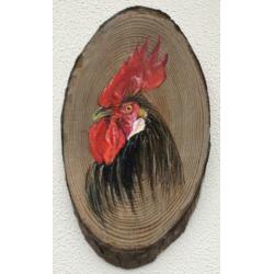 Handgeschilderd schilderij Kip/ Haan op boomschijf