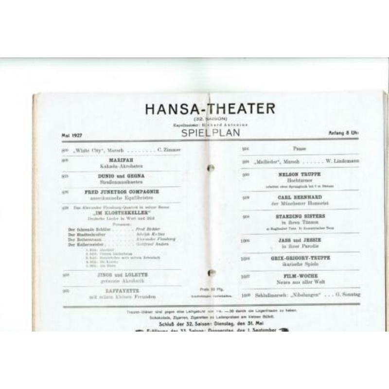 Bijna 100 jaar oud programmaboek Hansa Theater