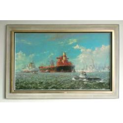 Victor Trip - Rotterdamse haven, olie schilderij 60x100 cm