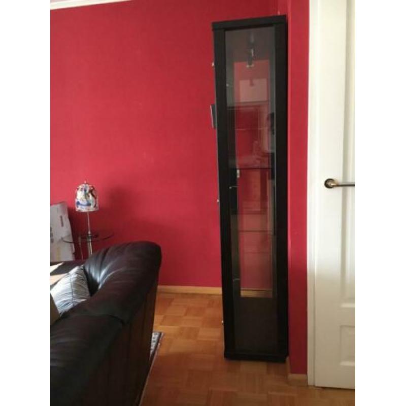 Zwarte,glas vitrine met glazen platen en spiegel-achterwand