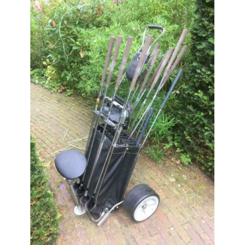 Golfset heren vintage met tas en trolley,
