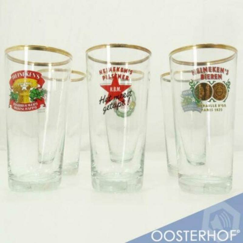 6x Heineken Bier Glazen Klassiek Oude Opdruk Verzamelaar