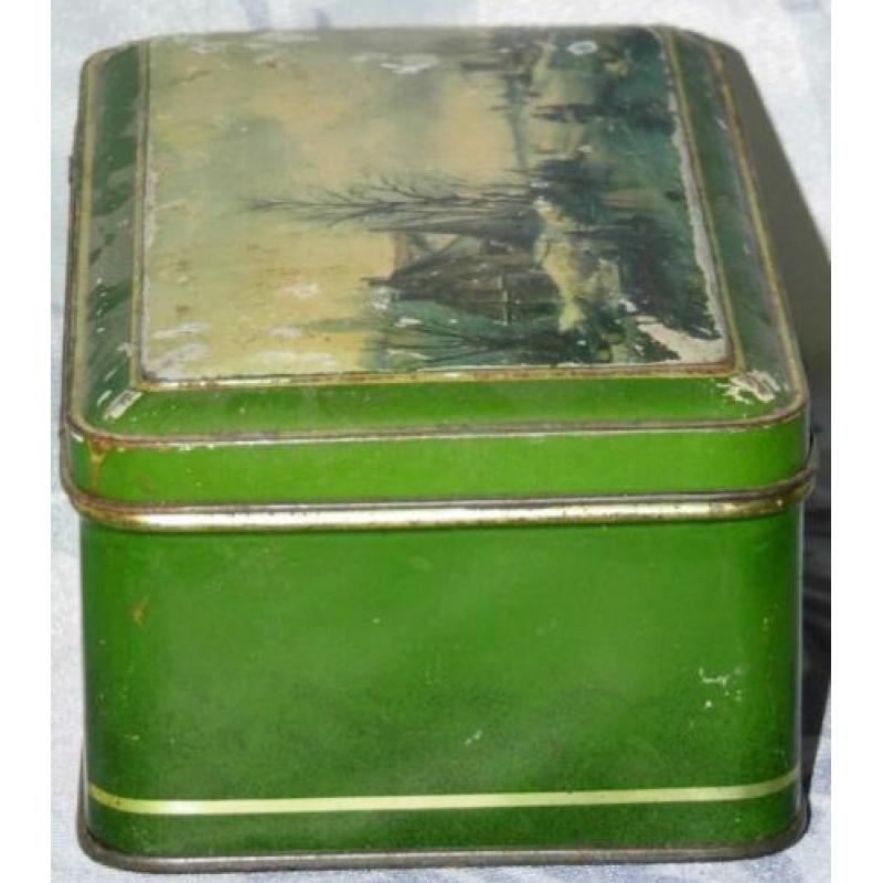 Brocante oud groen blik met Hollands winter landschap (613)
