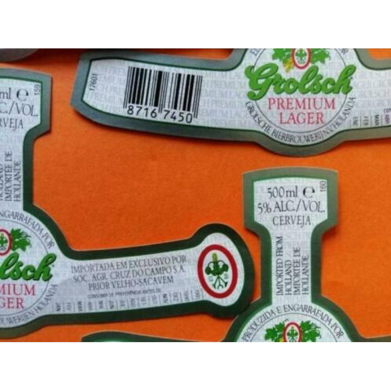 6 oude export hals etiketten van Grolsch Portugal
