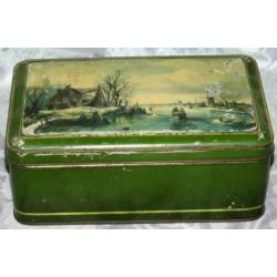 Brocante oud groen blik met Hollands winter landschap (613)