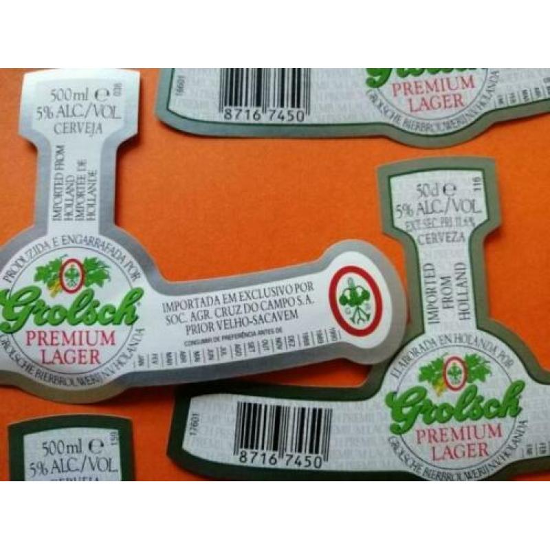 6 oude export hals etiketten van Grolsch Portugal