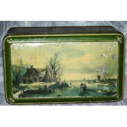 Brocante oud groen blik met Hollands winter landschap (613)