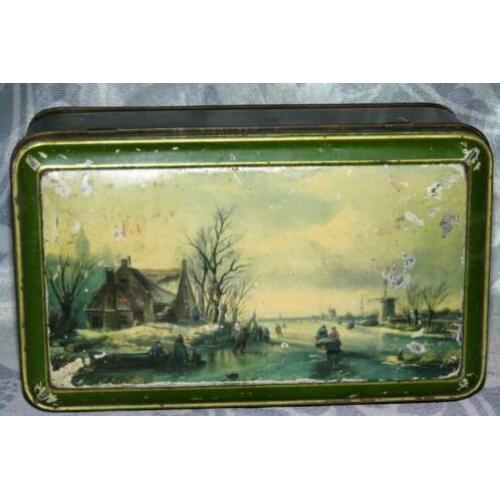 Brocante oud groen blik met Hollands winter landschap (613)